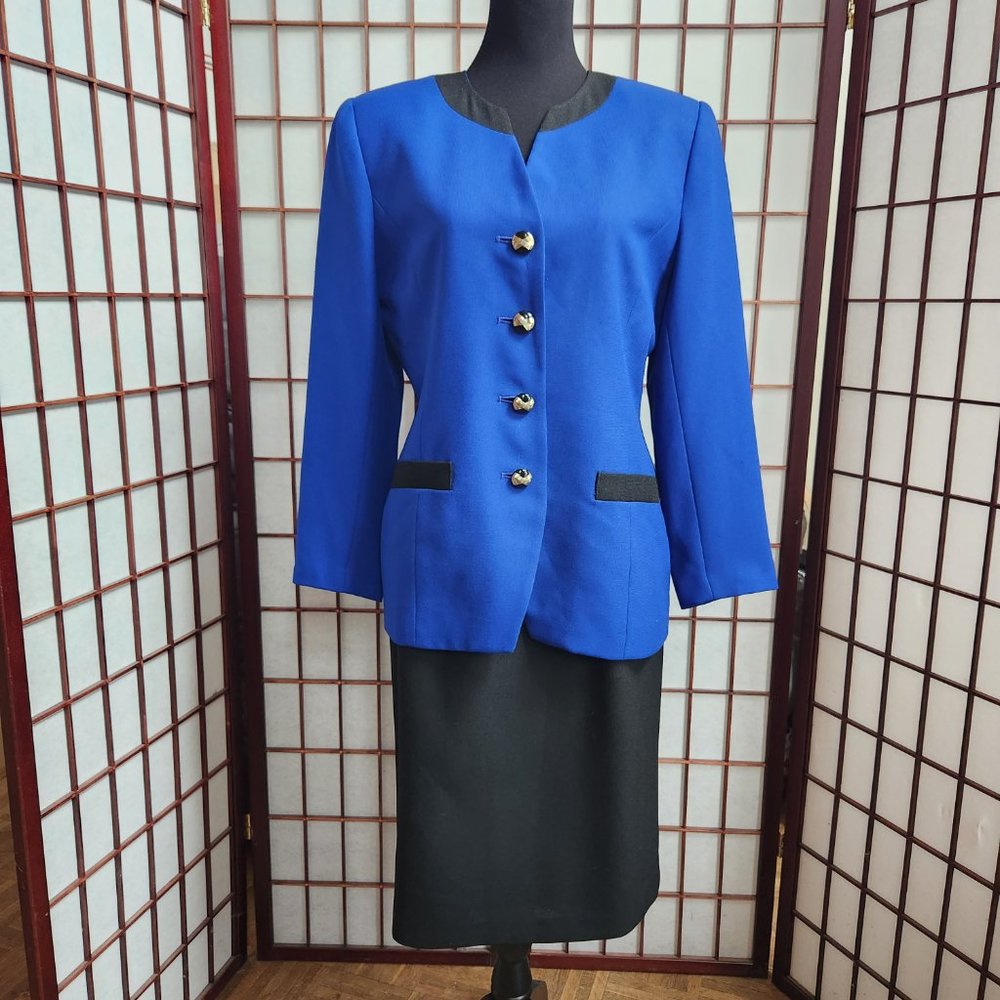 Le Suit Petite Royal Blue & Black Skirt Suit Size 10P